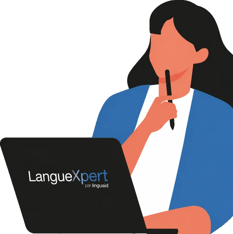 Illustration LangueXpert : une formatrice prépare son cours sur son ordinateur
