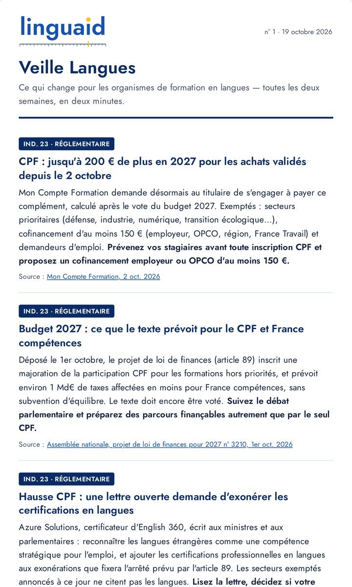 Aperçu de Veille Langues : le début d’un numéro, avec ses informations classées par indicateur Qualiopi
